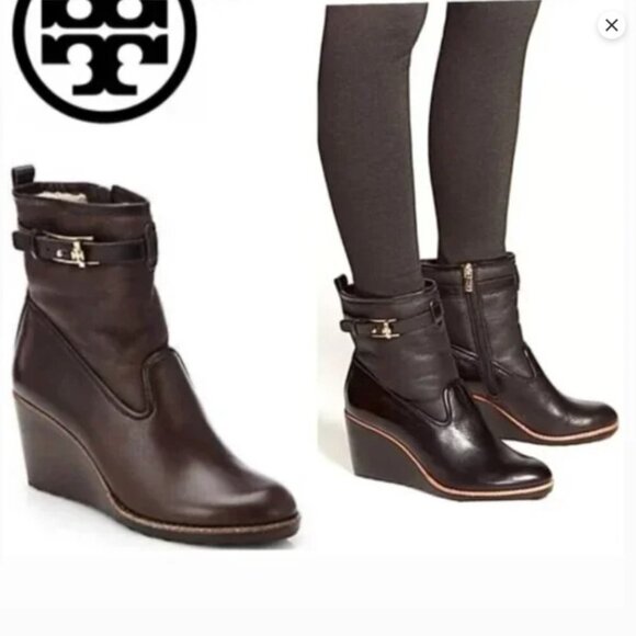 Tory Burch Primrose Lamb Fur Shearling Lining‎ Wedge Bootie Boots Size 7 - Picture 1 of 16